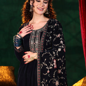 Blue Yoke Design Velvet Straight Suit With Dupatta