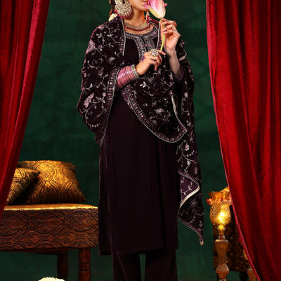 Burgundy Yoke Design Velvet Straight Suit With Dupatta
