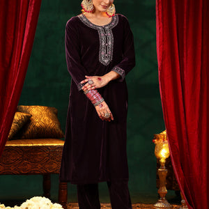 Burgundy Yoke Design Velvet Straight Suit With Dupatta