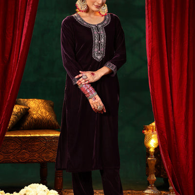 Burgundy Yoke Design Velvet Straight Suit With Dupatta