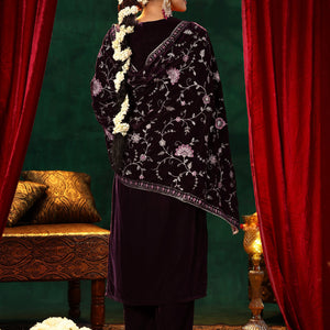 Burgundy Yoke Design Velvet Straight Suit With Dupatta