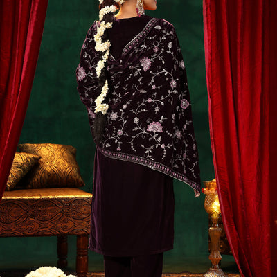Burgundy Yoke Design Velvet Straight Suit With Dupatta