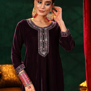 Burgundy Yoke Design Velvet Straight Suit With Dupatta