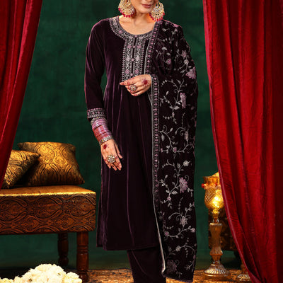 Burgundy Yoke Design Velvet Straight Suit With Dupatta