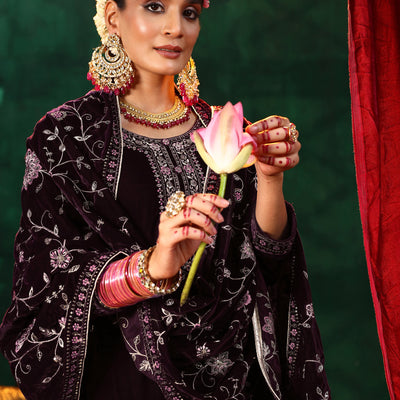 Burgundy Yoke Design Velvet Straight Suit With Dupatta