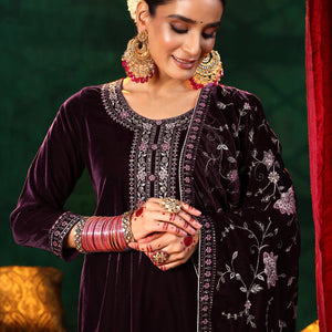 Burgundy Yoke Design Velvet Straight Suit With Dupatta