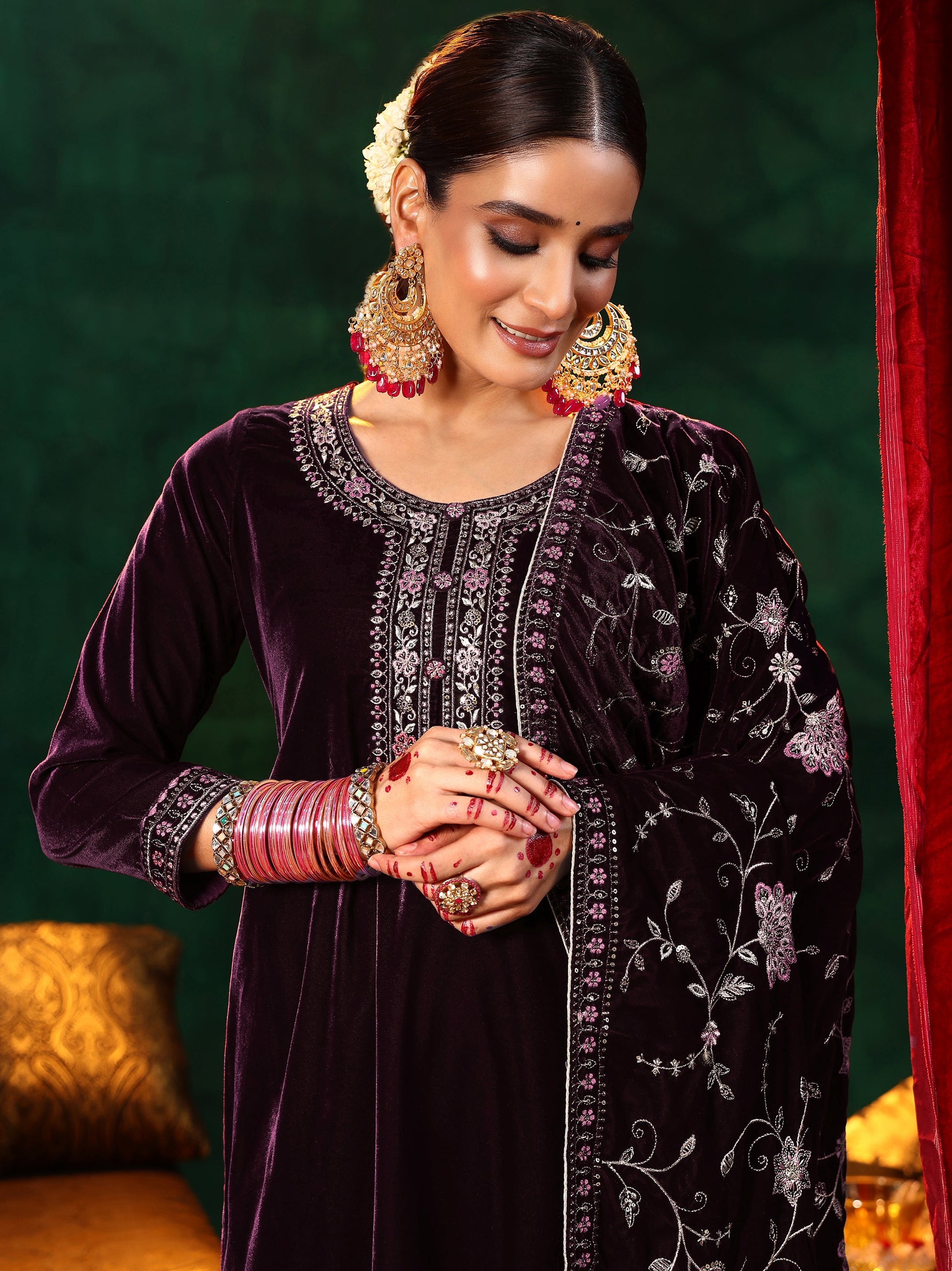 Burgundy Yoke Design Velvet Straight Suit With Dupatta