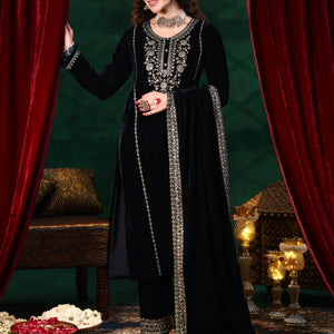 Blue Yoke Design Velvet Straight Suit With Dupatta