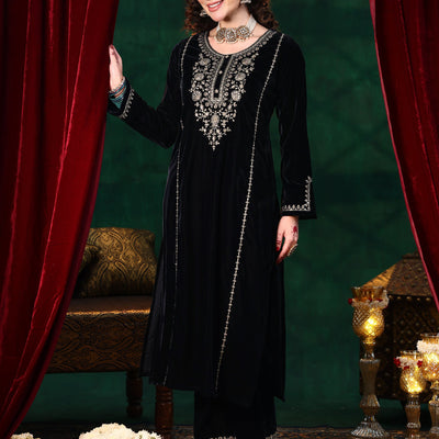 Blue Yoke Design Velvet Straight Suit With Dupatta