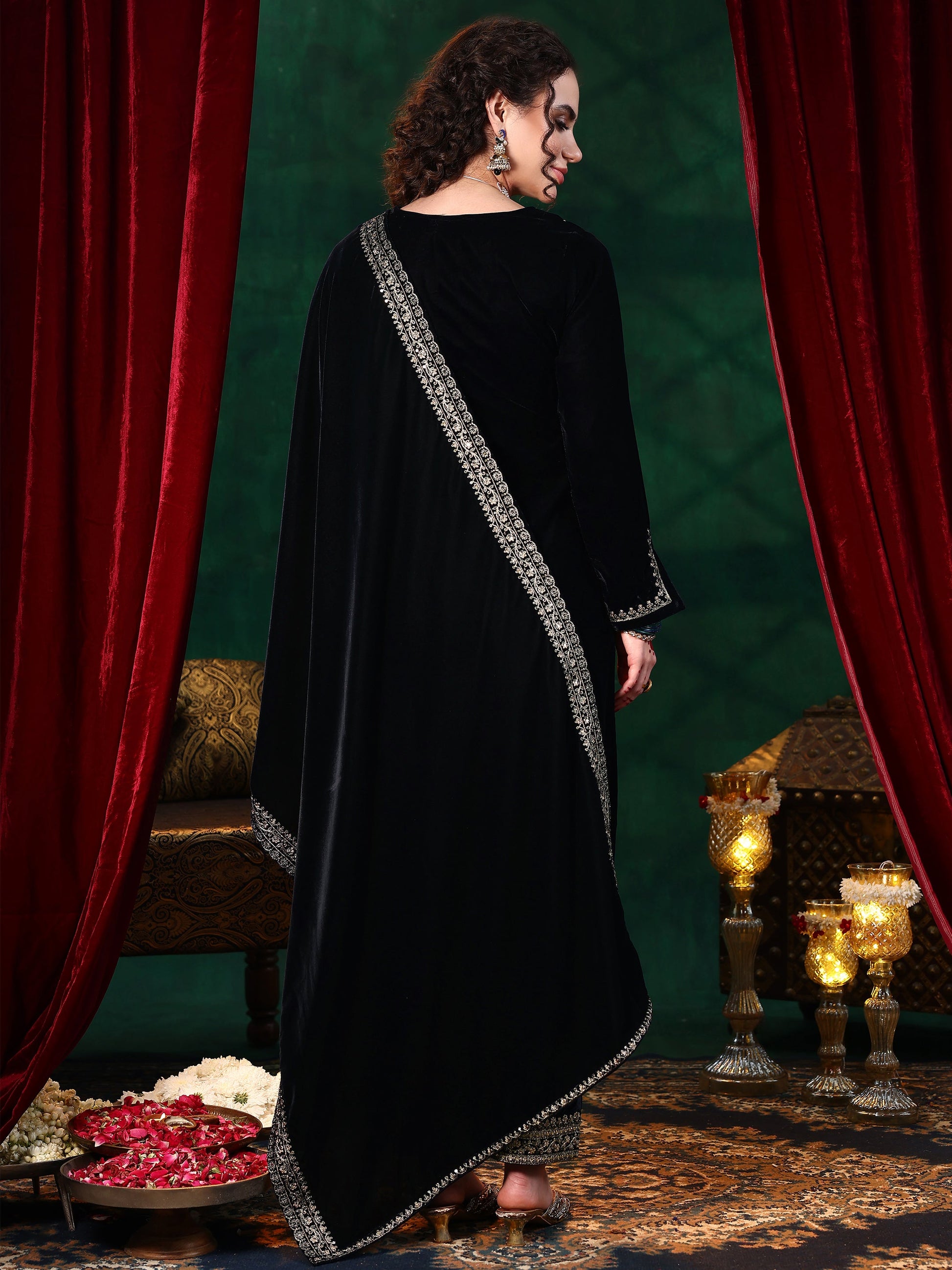 Blue Yoke Design Velvet Straight Suit With Dupatta