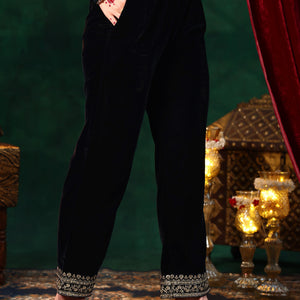 Blue Yoke Design Velvet Straight Suit With Dupatta