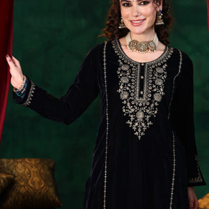 Blue Yoke Design Velvet Straight Suit With Dupatta