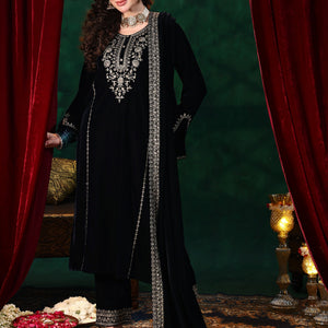 Blue Yoke Design Velvet Straight Suit With Dupatta