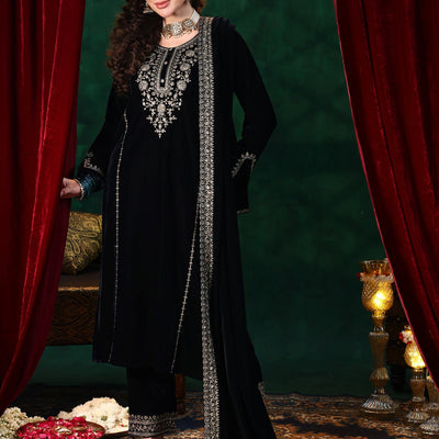 Blue Yoke Design Velvet Straight Suit With Dupatta