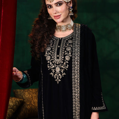 Blue Yoke Design Velvet Straight Suit With Dupatta