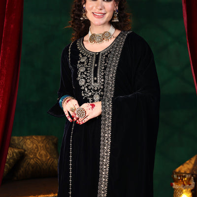 Blue Yoke Design Velvet Straight Suit With Dupatta