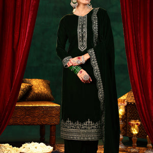 Green Embroidered Velvet Straight Suit With Dupatta