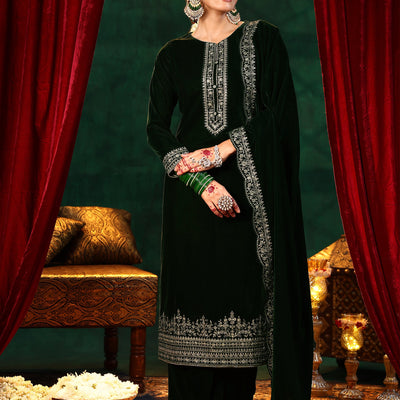 Green Embroidered Velvet Straight Suit With Dupatta