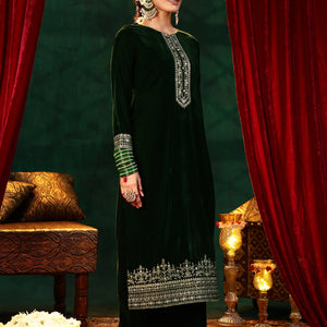 Green Embroidered Velvet Straight Suit With Dupatta