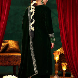 Green Embroidered Velvet Straight Suit With Dupatta