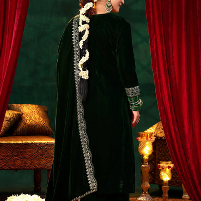 Green Embroidered Velvet Straight Suit With Dupatta
