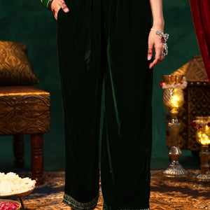 Green Embroidered Velvet Straight Suit With Dupatta