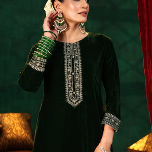 Green Embroidered Velvet Straight Suit With Dupatta