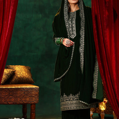 Green Embroidered Velvet Straight Suit With Dupatta