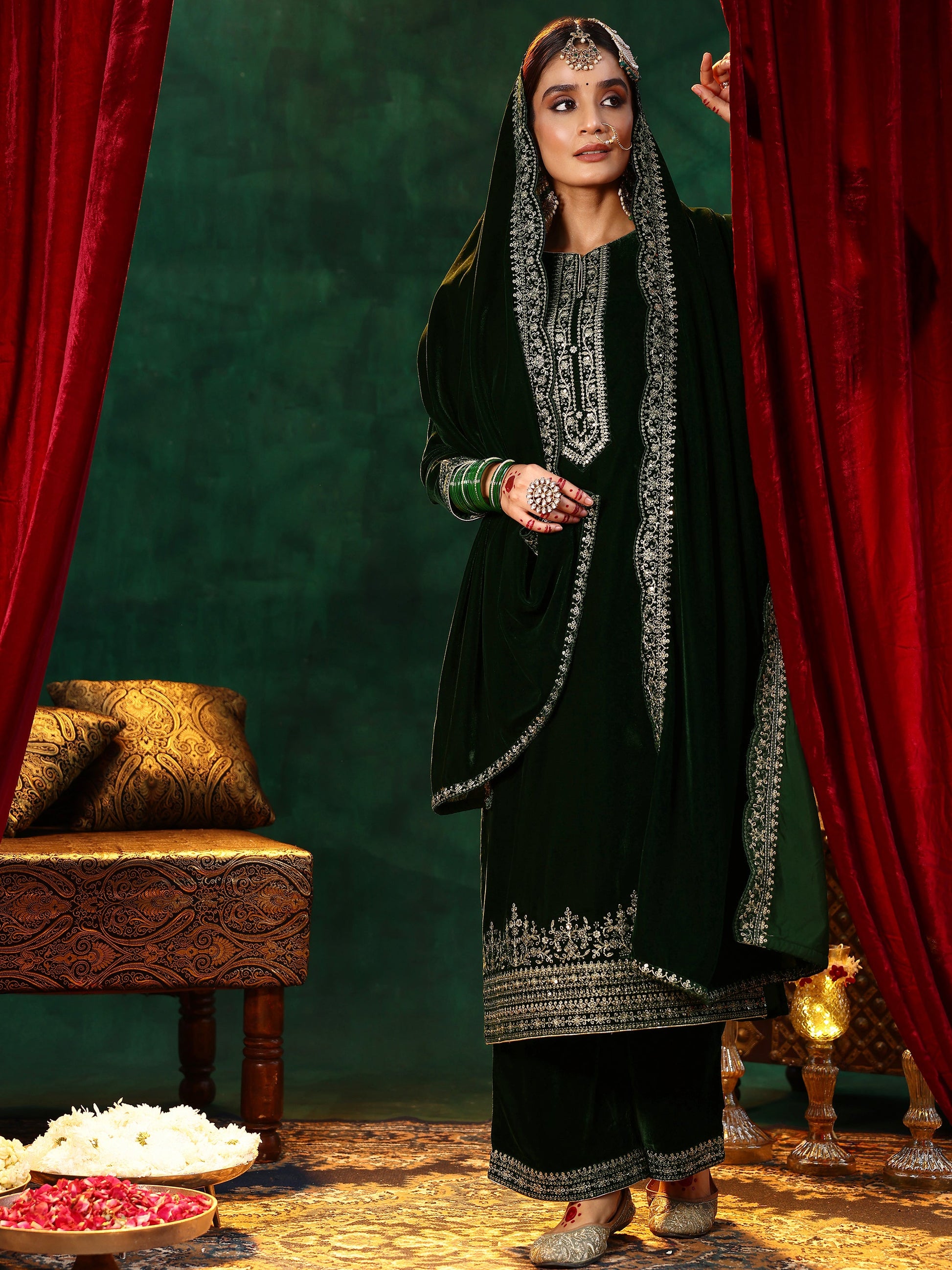 Green Embroidered Velvet Straight Suit With Dupatta