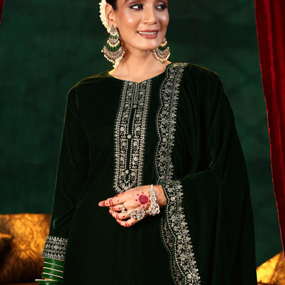 Green Embroidered Velvet Straight Suit With Dupatta