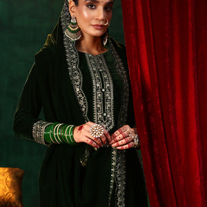 Green Embroidered Velvet Straight Suit With Dupatta