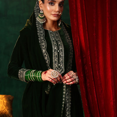 Green Embroidered Velvet Straight Suit With Dupatta
