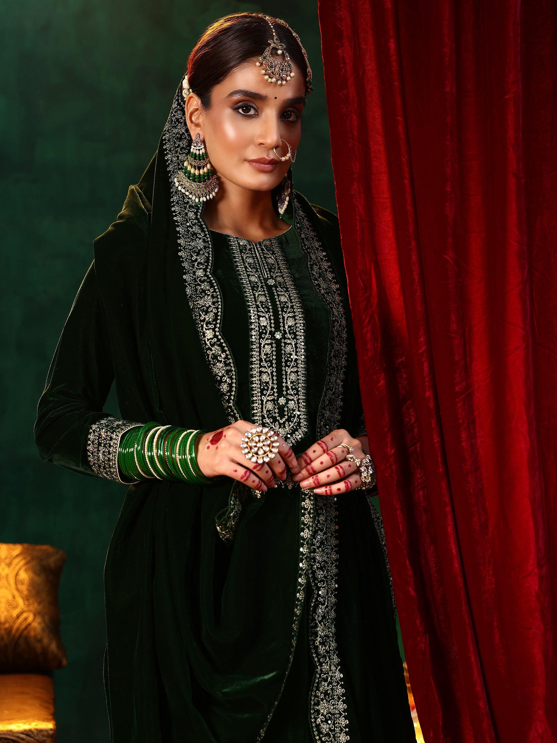 Green Embroidered Velvet Straight Suit With Dupatta