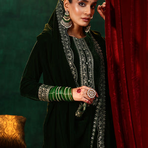 Green Embroidered Velvet Straight Suit With Dupatta