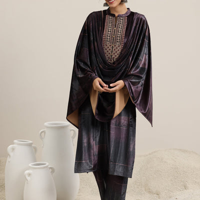 Brown Printed Velvet Straight Suit With Dupatta