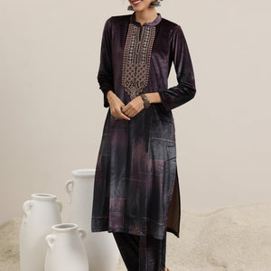 Brown Printed Velvet Straight Suit With Dupatta