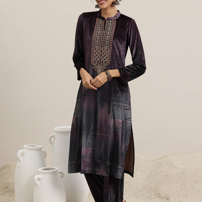 Brown Printed Velvet Straight Suit With Dupatta