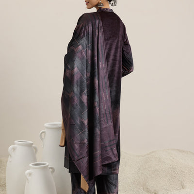 Brown Printed Velvet Straight Suit With Dupatta
