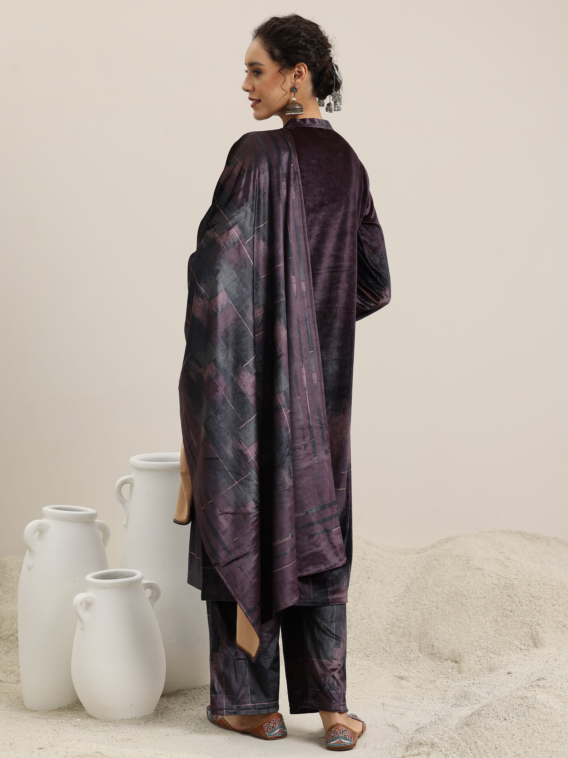 Brown Printed Velvet Straight Suit With Dupatta