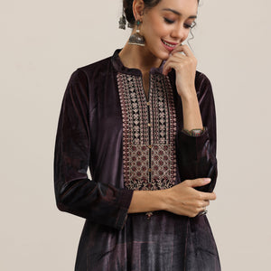 Brown Printed Velvet Straight Suit With Dupatta