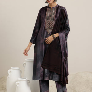 Brown Printed Velvet Straight Suit With Dupatta