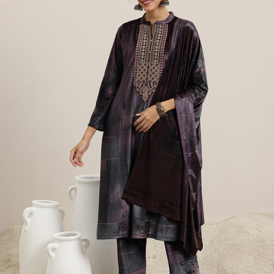 Brown Printed Velvet Straight Suit With Dupatta
