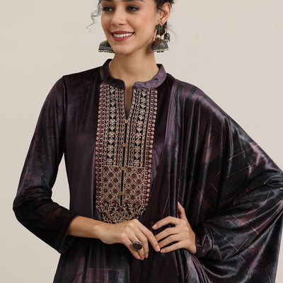 Brown Printed Velvet Straight Suit With Dupatta