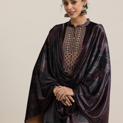 Brown Printed Velvet Straight Suit With Dupatta