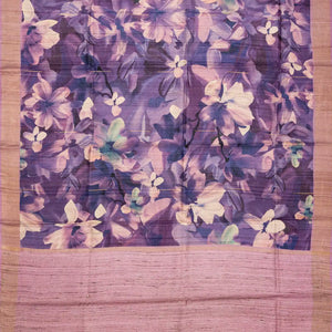 Lilac Handloom Tussar Silk Saree Printed With Floral Motifs & Zari Border