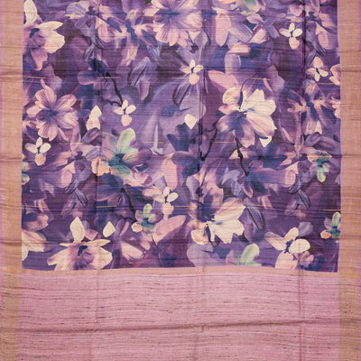 Lilac Handloom Tussar Silk Saree Printed With Floral Motifs & Zari Border