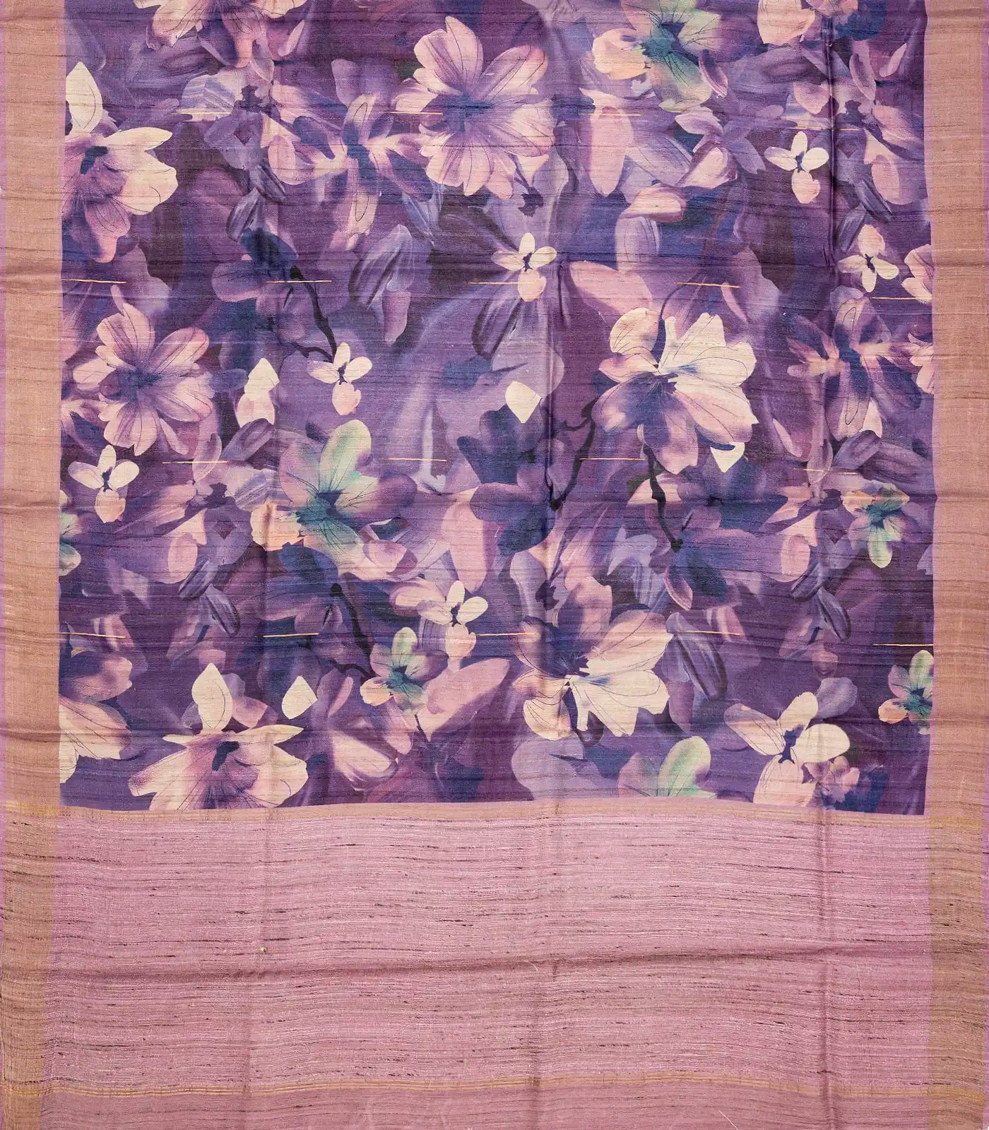 Lilac Handloom Tussar Silk Saree Printed With Floral Motifs & Zari Border