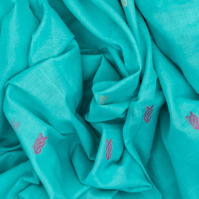 Turquoise Handloom Bengal Cotton Saree With Mango Buttas