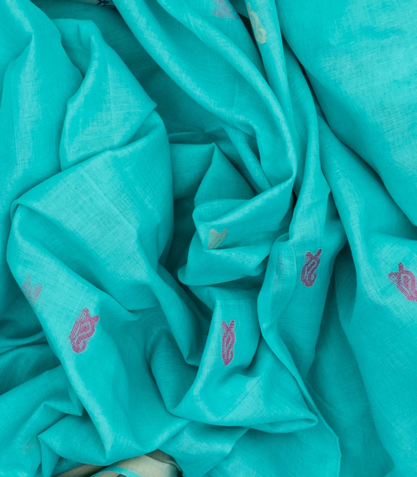Turquoise Handloom Bengal Cotton Saree With Mango Buttas