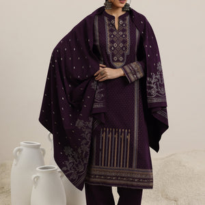 Burgundy Woven Design Wool Blend Straight Suit With Dupatta